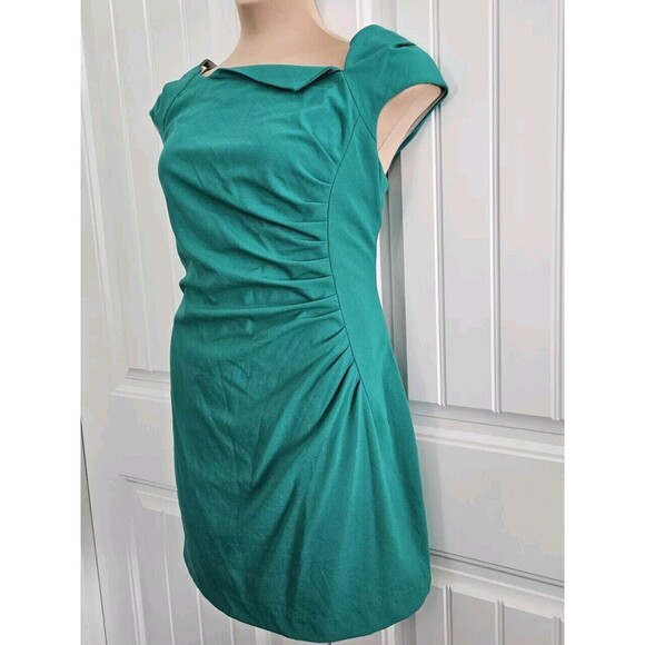 Calvin Klein Size 14 Green Cap Sleeve Ruched Sheath Fitted Cocktail Dress Lined - Picture 2 of 6